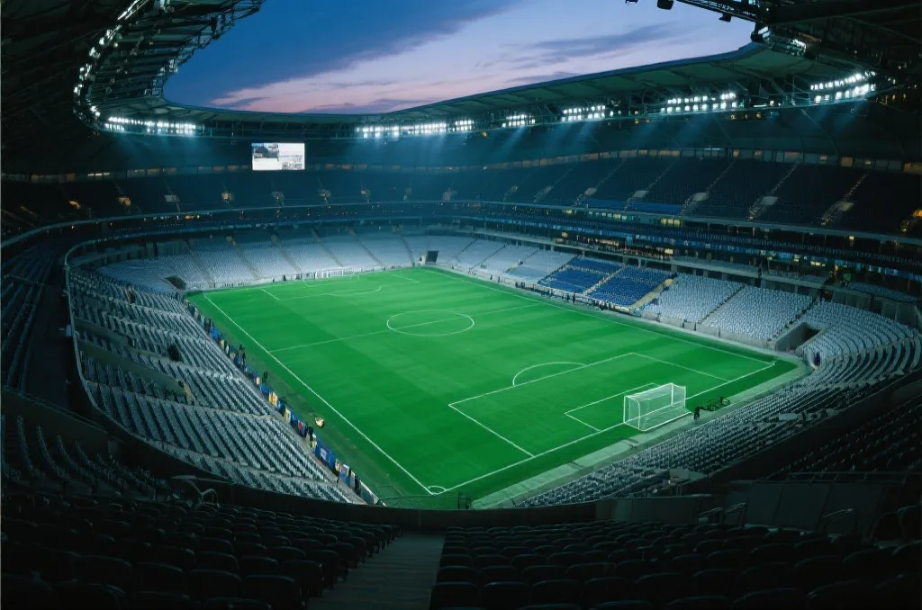 Modern illuminated soccer stadium pitch under evening lights representing sport analysis